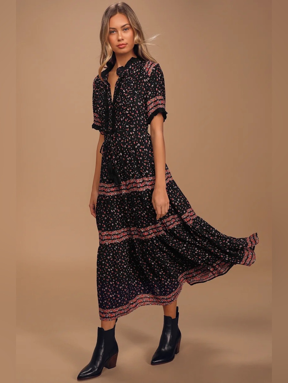 Free People Rare Feelings Black Floral Print Tiered Pleated Maxi Dress Size L - Picture 2 of 14